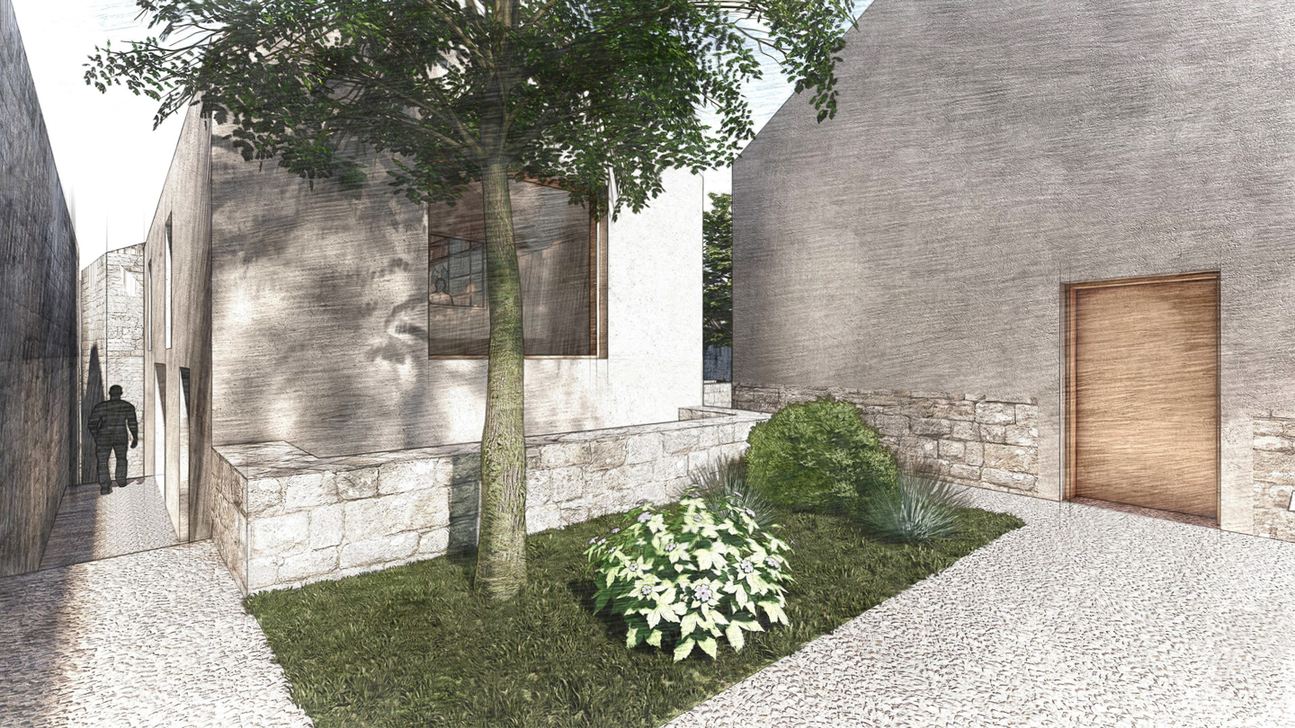 Perspective sur la cour d'entrée des maisons